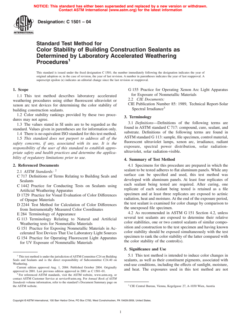 ASTM C1501-04 - Standard Test Method for Color Stability of Building Construction Sealants as Determined by Laboratory Accelerated Weathering Procedures