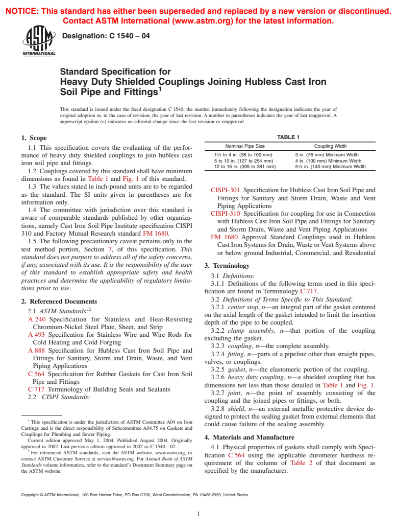 ASTM C1540-04 - Standard Specification for Heavy Duty Shielded Couplings Joining Hubless Cast Iron Soil Pipe and Fittings