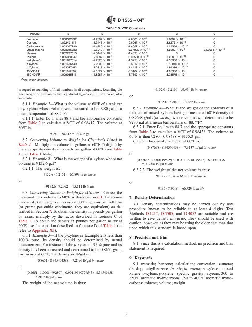 ASTM D1555-04e1 - Standard Test Method for Calculation of Volume and Weight of Industrial Aromatic Hydrocarbons and Cyclohexane