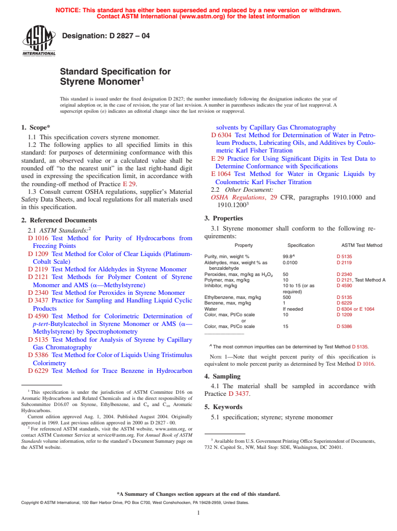 ASTM D2827-04 - Standard Specification for Styrene Monomer