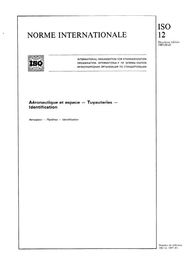 ISO 12:1987 - Aéronautique et espace -- Tuyauteries -- Identification