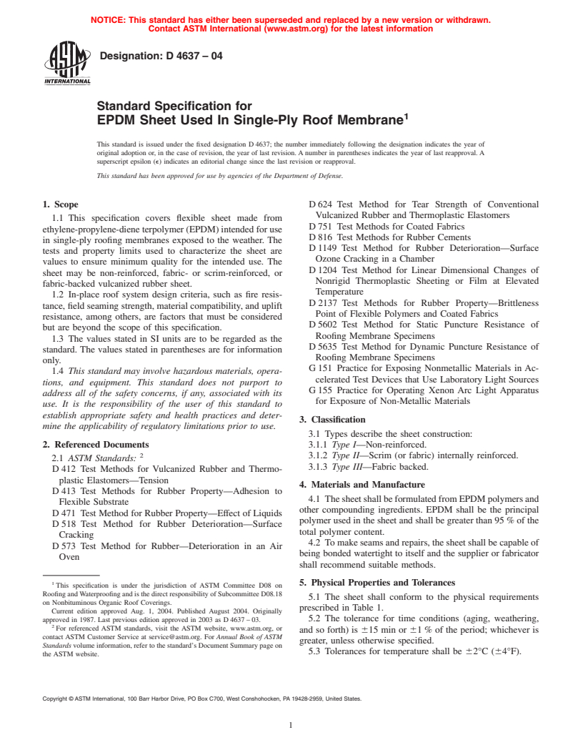 ASTM D4637-04 - Standard Specification for EPDM Sheet Used In Single-Ply Roof Membrane