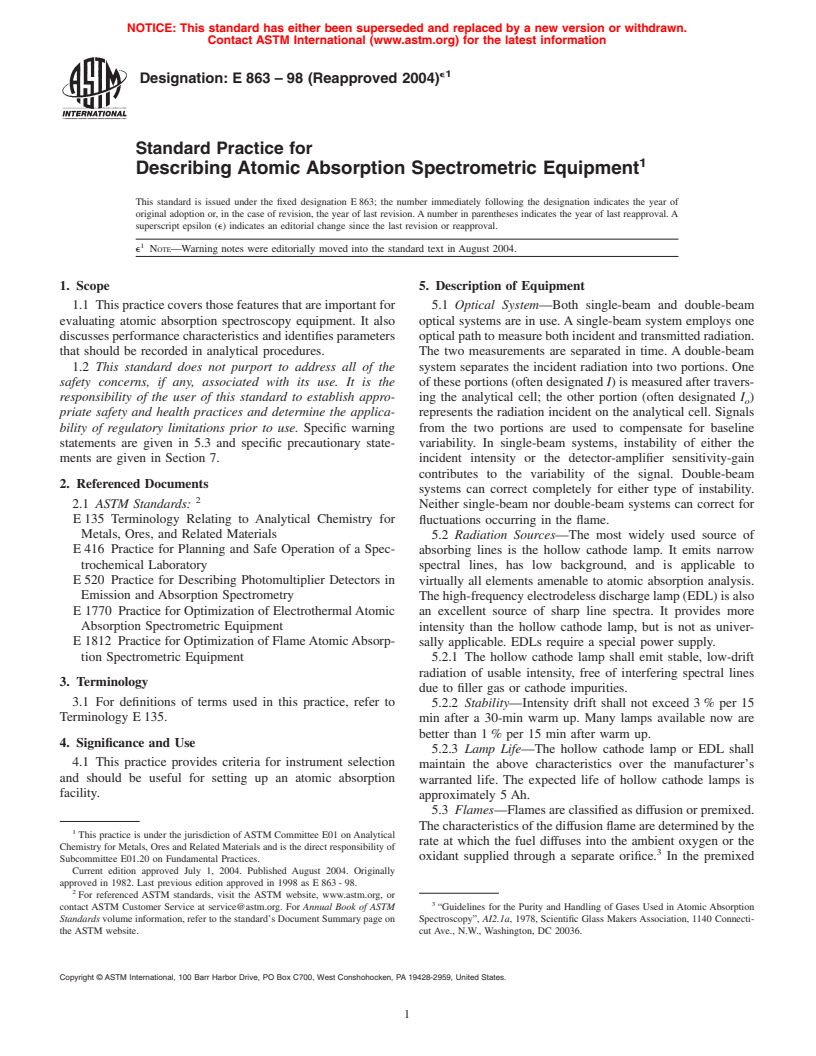 ASTM E863-98(2004)e1 - Standard Practice for Describing Flame Atomic Absorption Spectroscopy Equipment (Withdrawn 2004)