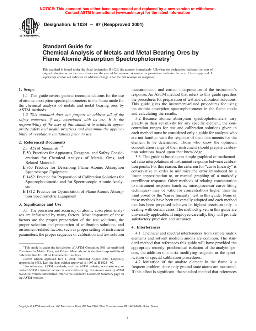 ASTM E1024-97(2004) - Standard Guide for Chemical Analysis of Metals and Metal Bearing Ores by Flame Atomic Absorption Spectrophotometry (Withdrawn 2004)