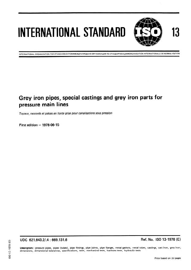 ISO 13:1978 - Grey iron pipes, special castings and grey iron parts for pressure main lines