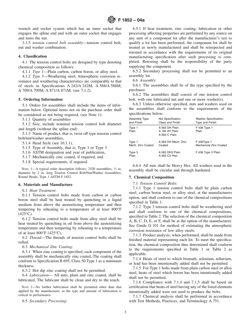 ASTM F1852-04a - Standard Specification for "Twist Off" Type Tension Control Structural Bolt/Nut/Washer Assemblies, Steel, Heat Treated, 120/105 ksi Minimum Tensile Strength