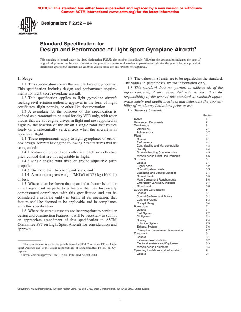 ASTM F2352-04 - Standard Specification for Design and Performance of Light Sport Gyroplane Aircraft