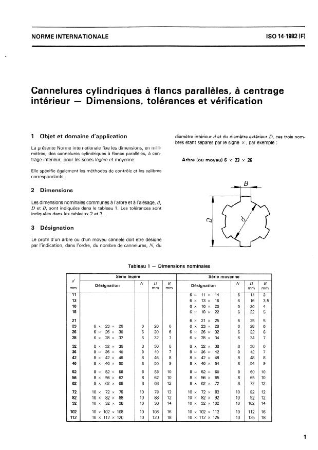 ISO 14:1982 - Cannelures cylindriques a flancs paralleles, a centrage intérieur -- Dimensions, tolérances et vérification