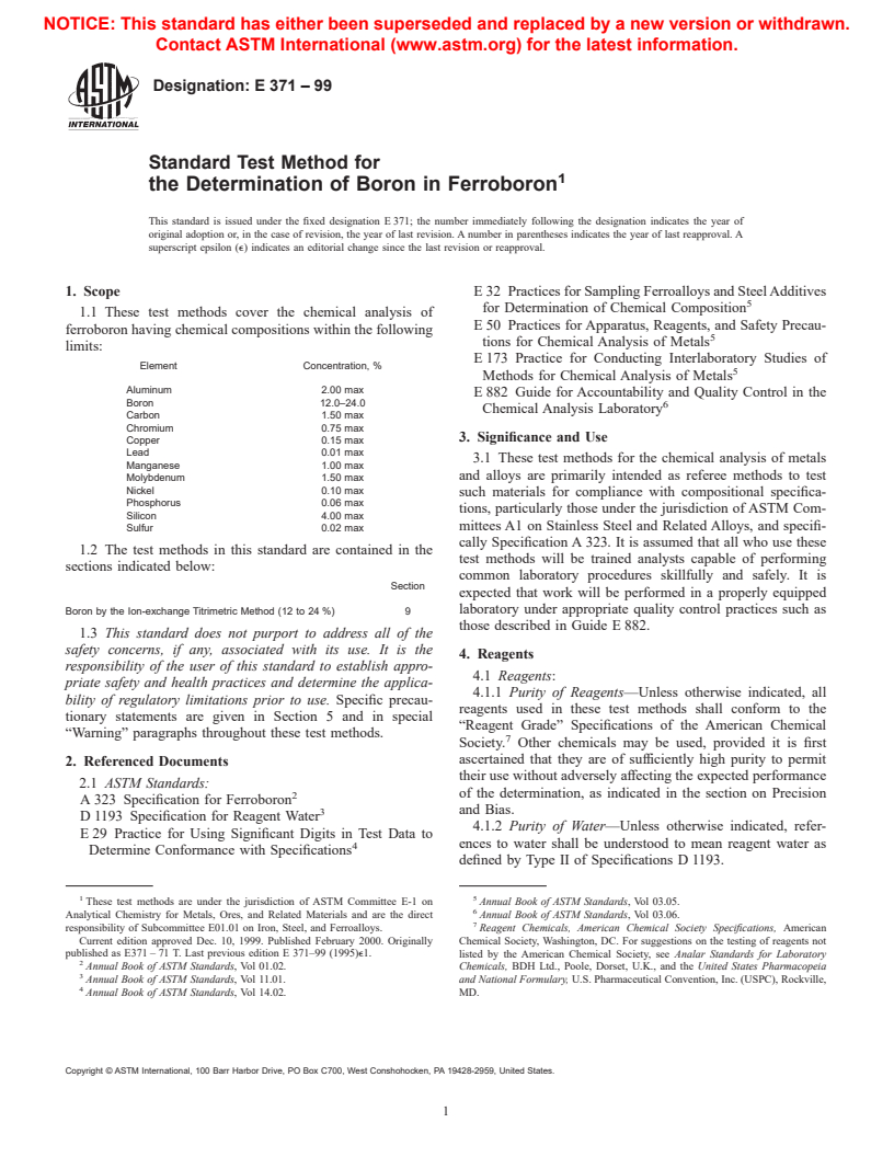 ASTM E371-99 - Standard Test Method for the Determination of Boron in Ferroboron