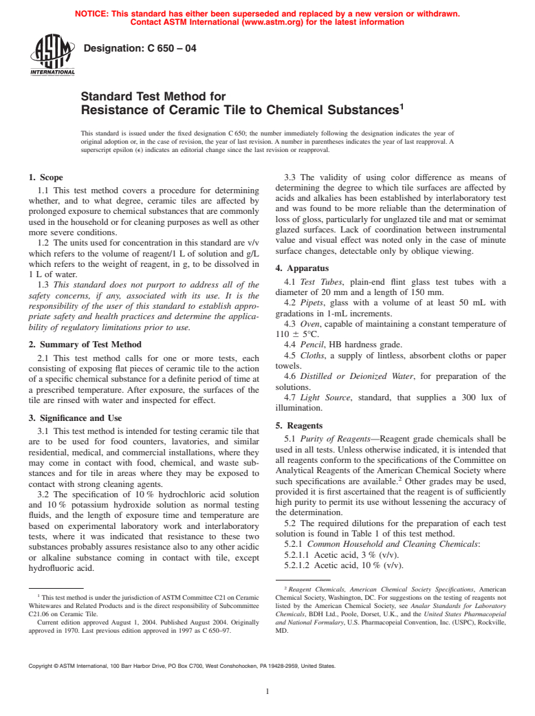 ASTM C650-04 - Standard Test Method for Resistance of Ceramic Tile to Chemical Substances