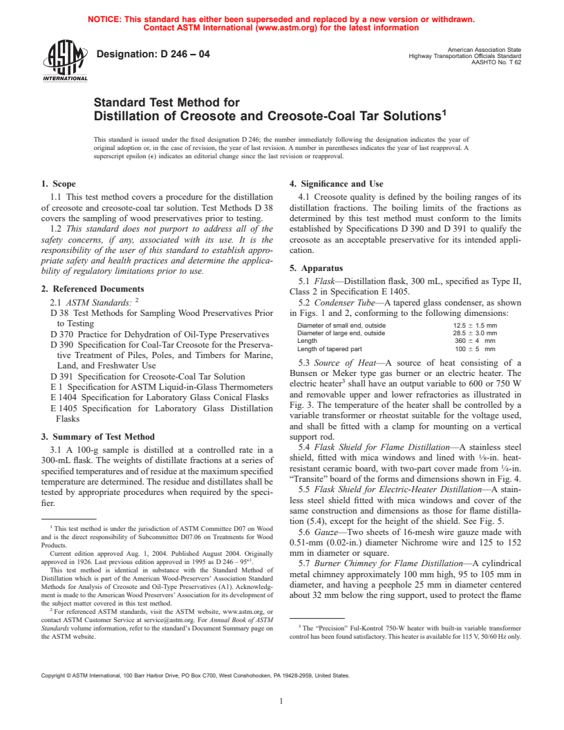 ASTM D246-04 - Standard Test Method for Distillation of Creosote and Creosote-Coal Tar Solutions