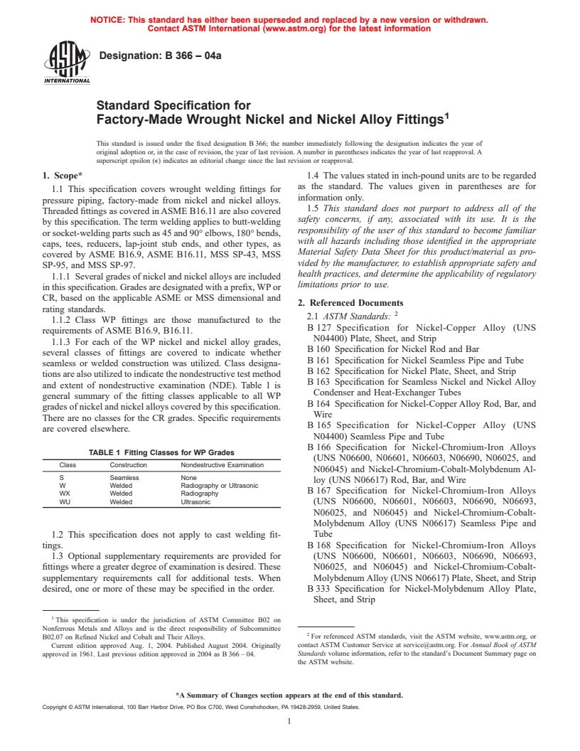 ASTM B366-04a - Standard Specification for Factory-Made Wrought Nickel and Nickel Alloy Fittings