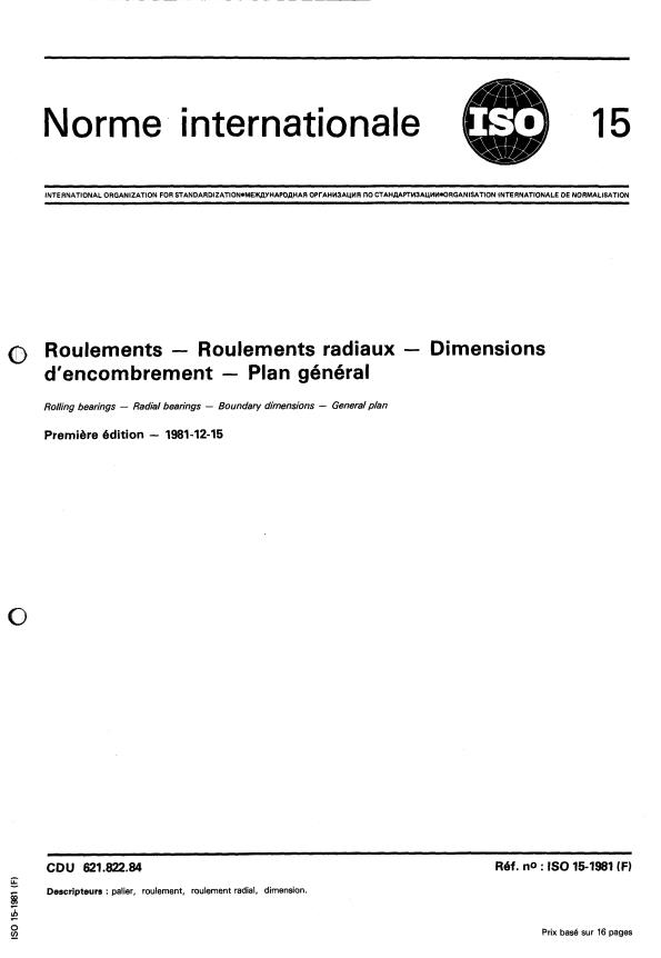 ISO 15:1981 - Roulements -- Roulements radiaux -- Dimensions d'encombrement -- Plan général
