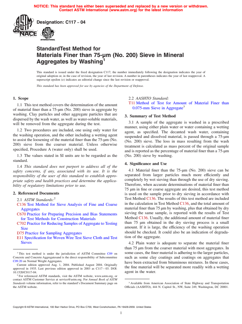 ASTM C117-04 - Standard Test Method for Materials Finer than 75-&#956;m (No. 200) Sieve in Mineral Aggregates by Washing