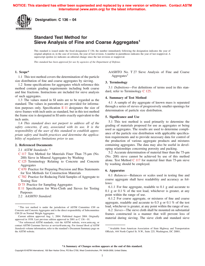 ASTM C136-04 - Standard Test Method for Sieve Analysis of Fine and Coarse Aggregates