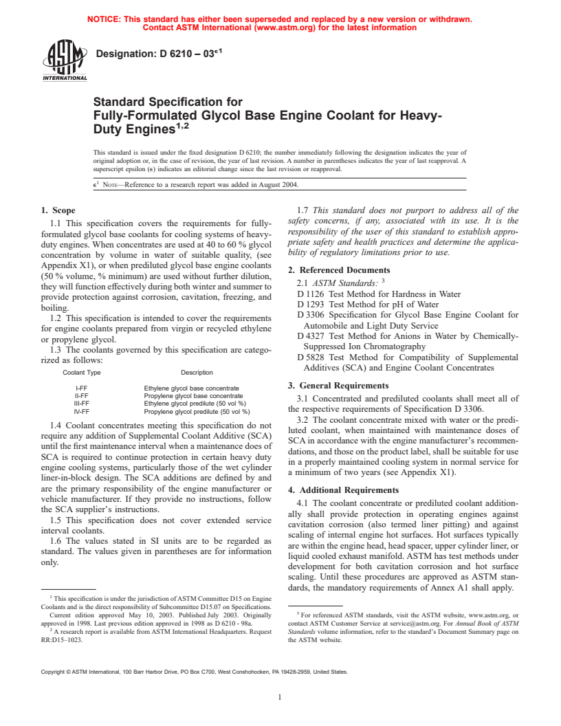 ASTM D6210-03e1 - Standard Specification for Fully-Formulated Glycol Base Engine Coolant for Heavy-Duty Engines