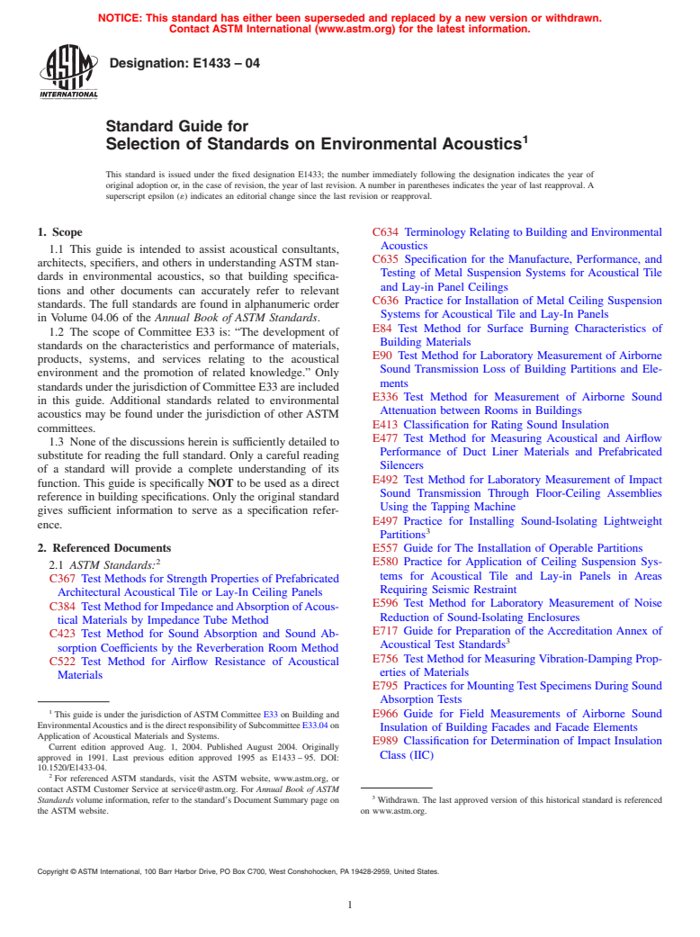 ASTM E1433-04 - Standard Guide for Selection of Standards on Environmental Acoustics (Withdrawn 2010)