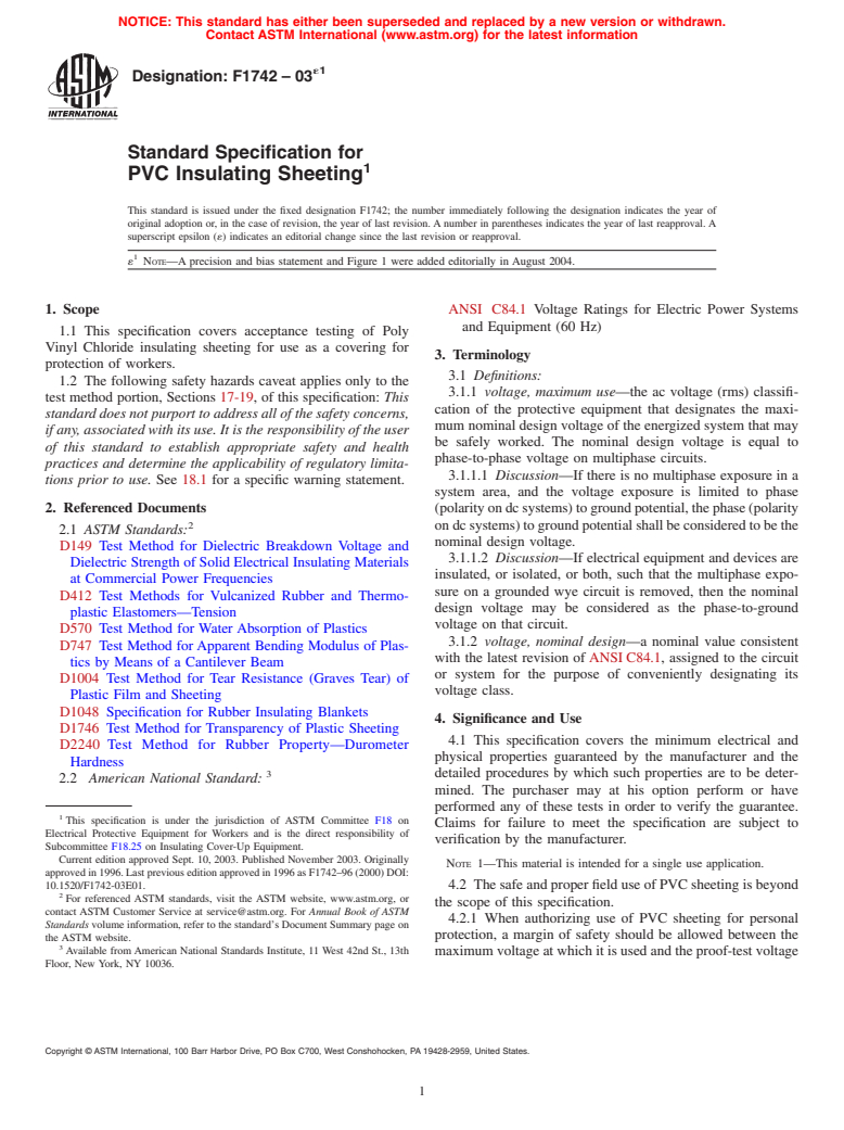 ASTM F1742-03e1 - Standard Specification for PVC Insulating Sheeting