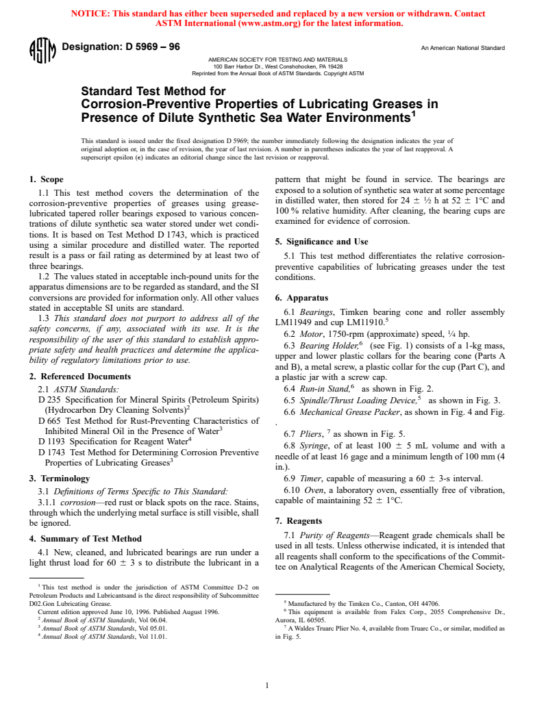 ASTM D5969-96 - Standard Test Method for Corrosion-Preventive Properties of Lubricating Greases in Presence of Dilute Synthetic Sea Water Environments