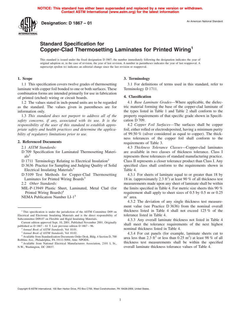 ASTM D1867-01 - Standard Specification for Copper-Clad Thermosetting Laminates for Printed Wiring