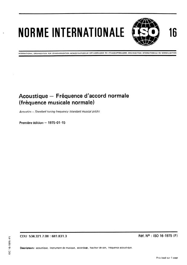 ISO 16:1975 - Acoustique -- Fréquence d'accord normale (Fréquence musicale normale)