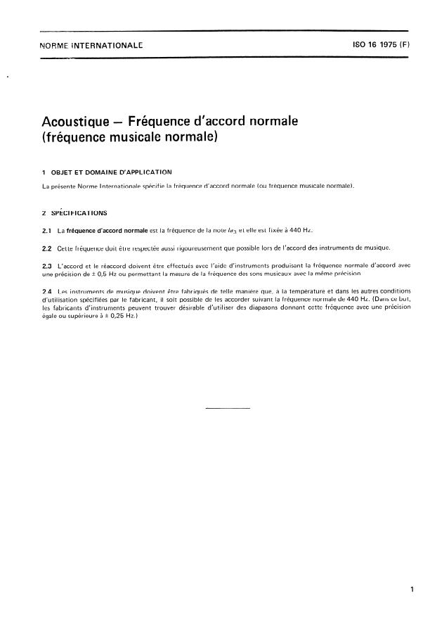 ISO 16:1975 - Acoustique -- Fréquence d'accord normale (Fréquence musicale normale)