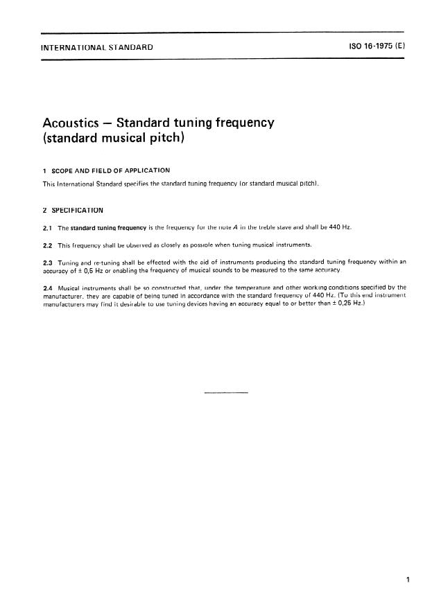 ISO 16:1975 - Acoustics -- Standard tuning frequency (Standard musical pitch)