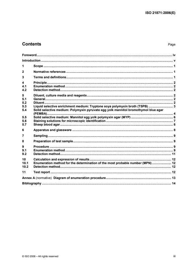 ISO 21871:2006 - Microbiology of food and animal feeding stuffs -- Horizontal method for the determination of low numbers of presumptive Bacillus cereus -- Most probable number technique and detection method