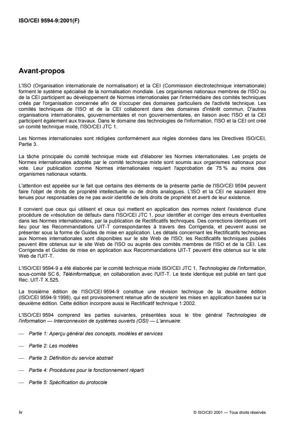 ISO/IEC 9594-9:2001 ISO/IEC 9594-9:2001 - Technologies de l'information -- Interconnexion de systemes ouverts (OSI) -- L'annuaire: Duplication - Page 4 preview