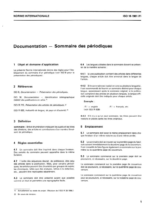 ISO 18:1981 - Documentation -- Sommaire des périodiques