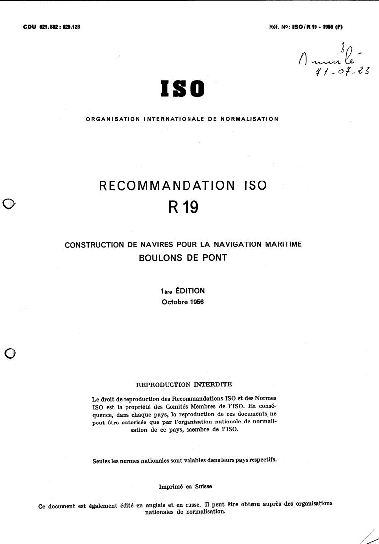ISO/R 19:1956 - Withdrawal of ISO/R 19-1956
Released:1/1/1956