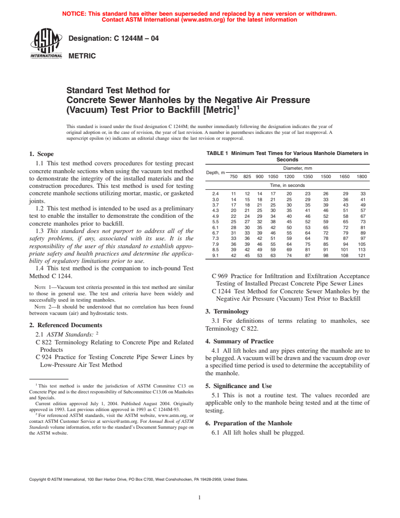 ASTM C1244M-04 - Standard Test Method for Concrete Sewer Manholes by the Negative Air Pressure (Vacuum) Test Prior to Backfill (Metric)