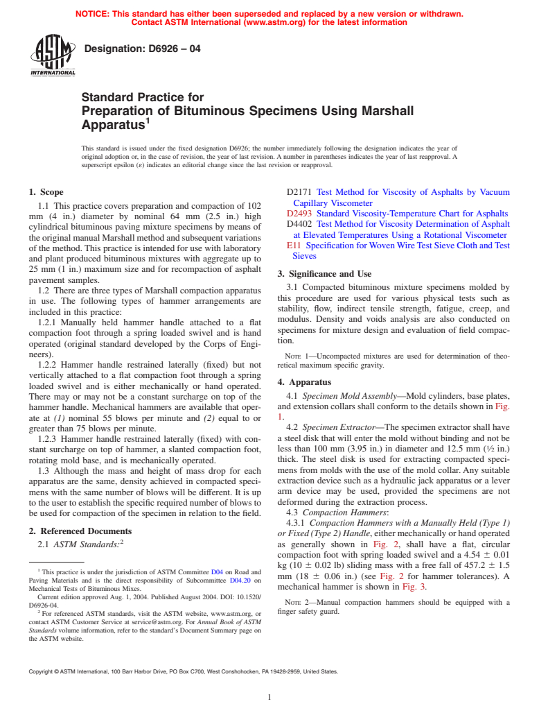 ASTM D6926-04 - Standard Practice for Preparation of Bituminous Specimens Using Marshall Apparatus
