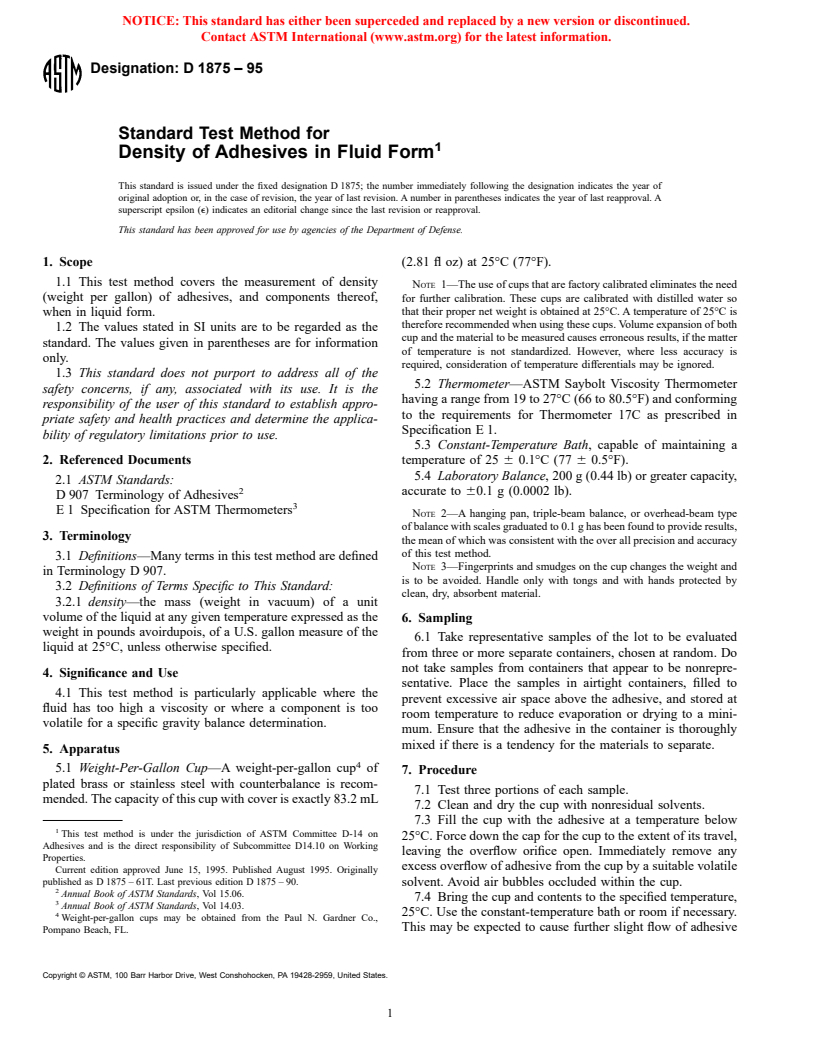 ASTM D1875-95 - Standard Test Method for Density of Adhesives in Fluid Form