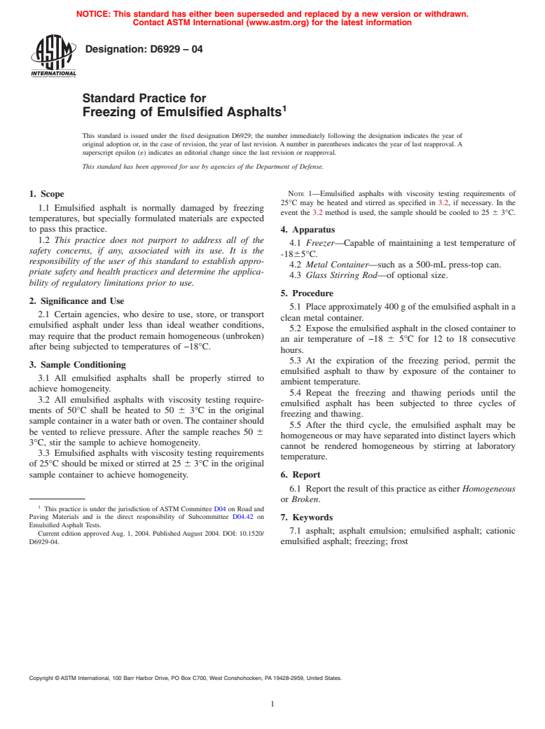 ASTM D6929-04 - Standard Practice for Freezing of Emulsified Asphalts