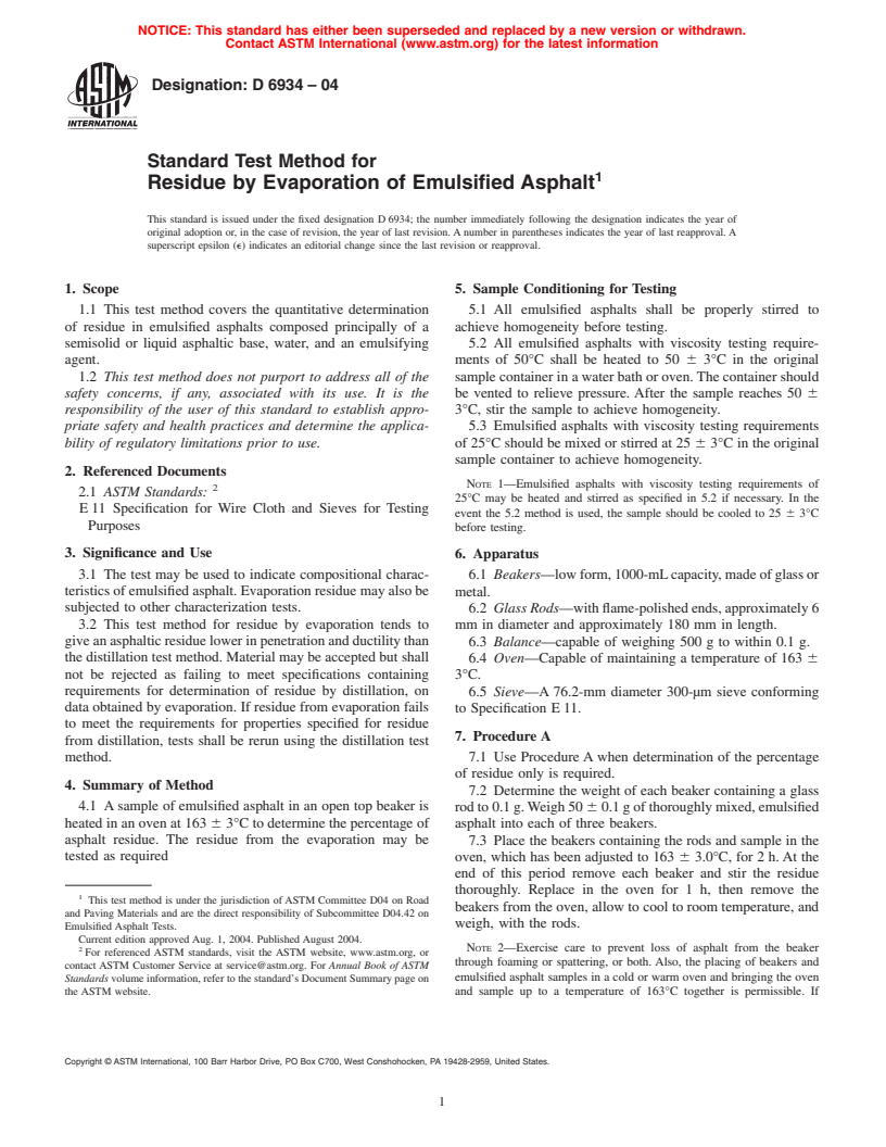 ASTM D6934-04 - Standard Test Method for Residue by Evaporation of Emulsified Asphalt