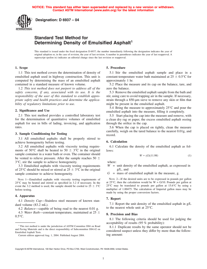 ASTM D6937-04 - Standard Test Method for Determining Density of Emulsified Asphalt