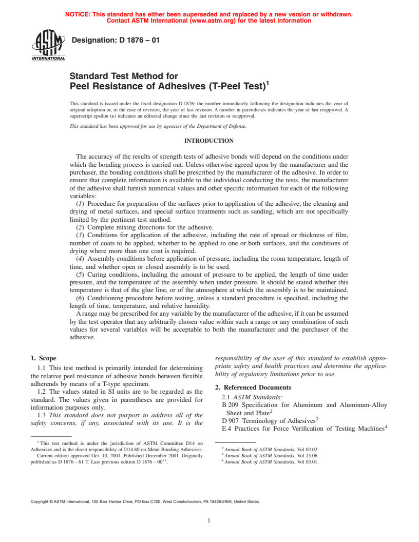 ASTM D1876-01 - Standard Test Method for Peel Resistance of Adhesives (T-Peel Test)