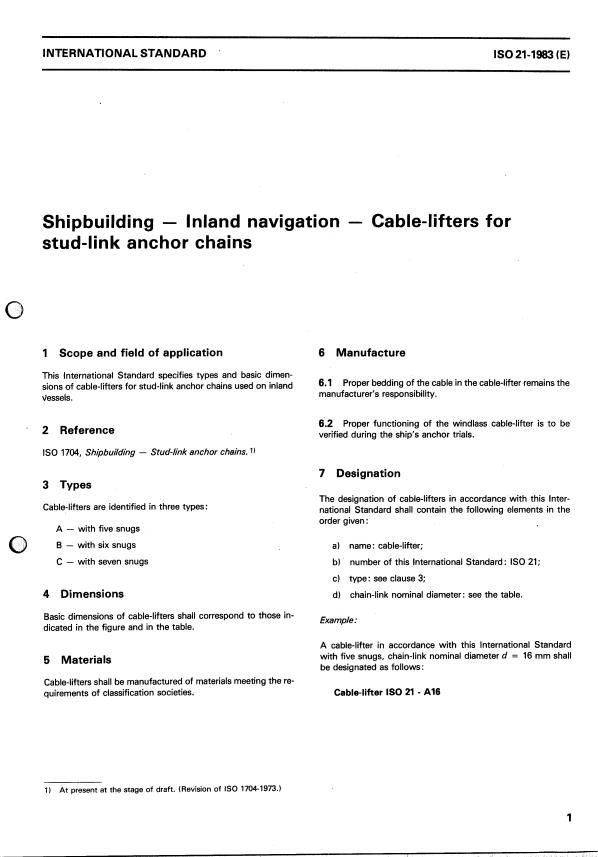 ISO 21:1983 - Shipbuilding -- Inland navigation -- Cable-lifters for stud-link anchor chains