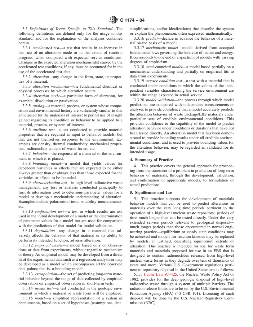 ASTM C1174-04 - Standard Practice for Prediction of the Long-Term Behavior of Materials, Including Waste Forms, Used in Engineered Barrier Systems (EBS) for Geological Disposal of High-Level Radioactive Waste