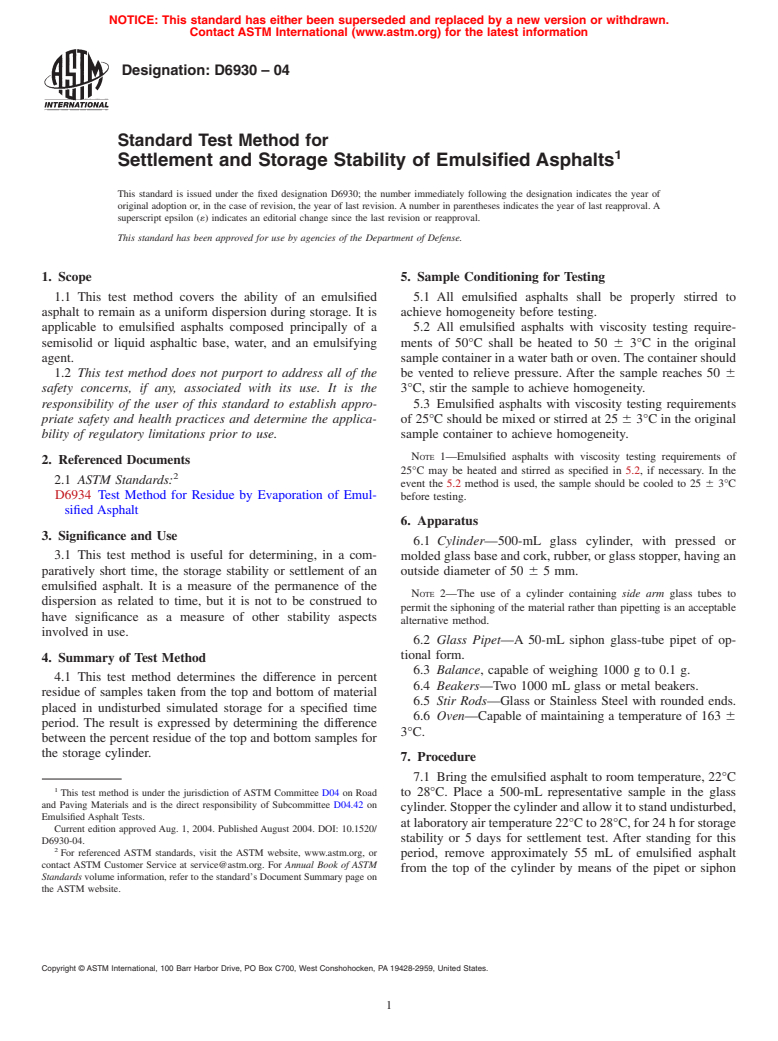 ASTM D6930-04 - Standard Test Method for Settlement and Storage Stability of Emulsified Asphalts