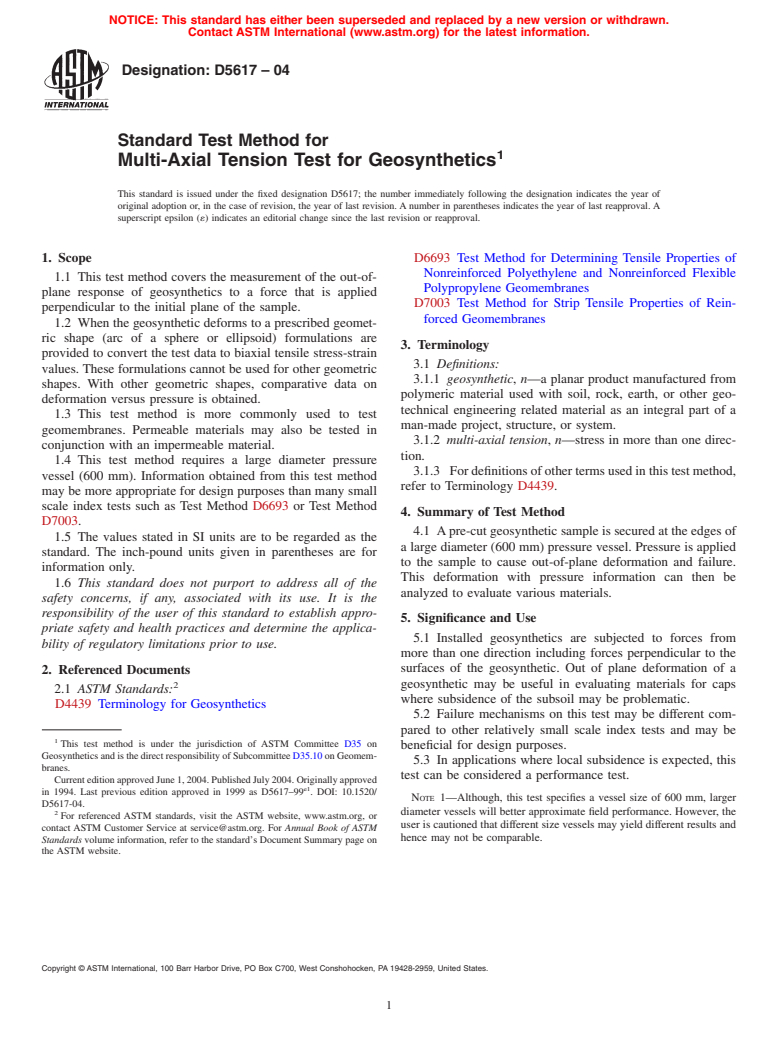 ASTM D5617-04 - Standard Test Method for Multi-Axial Tension Test for Geosynthetics