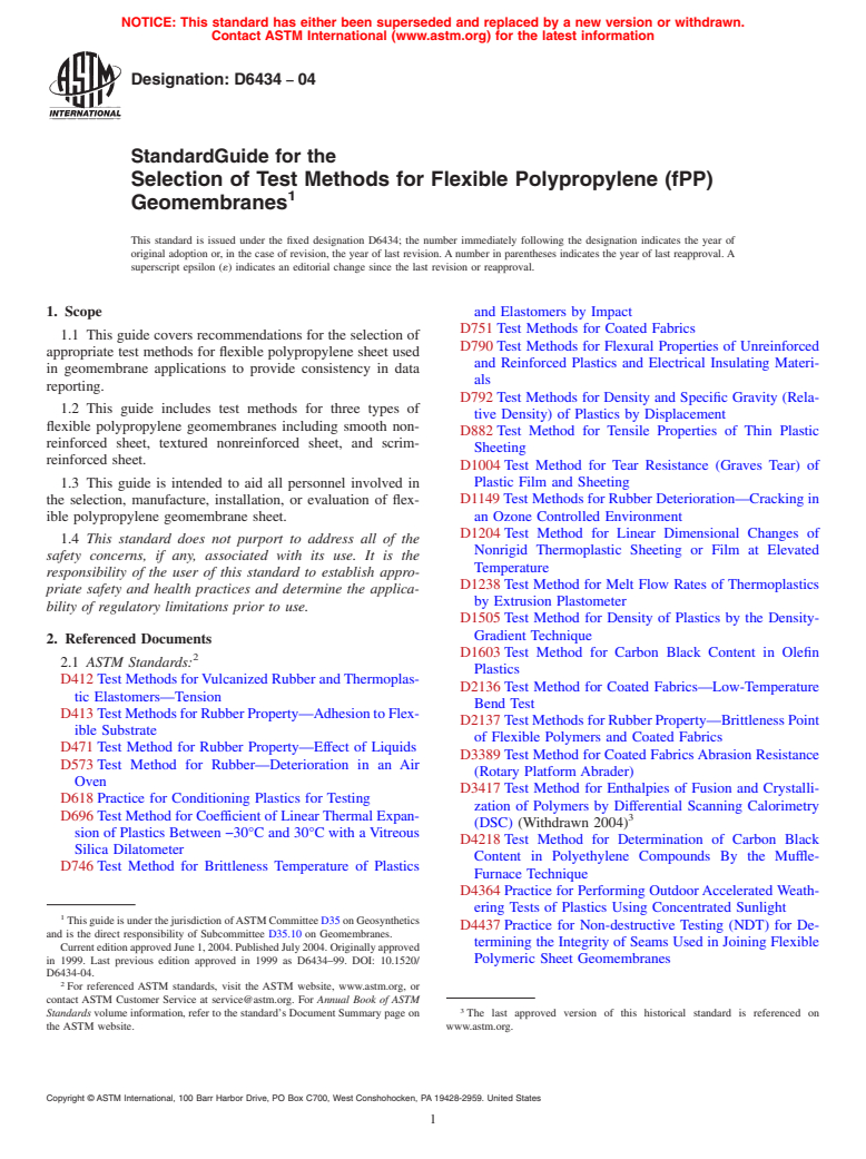 ASTM D6434-04 - Standard Guide for the Selection of Test Methods for Flexible Polypropylene (fPP) Geomembranes