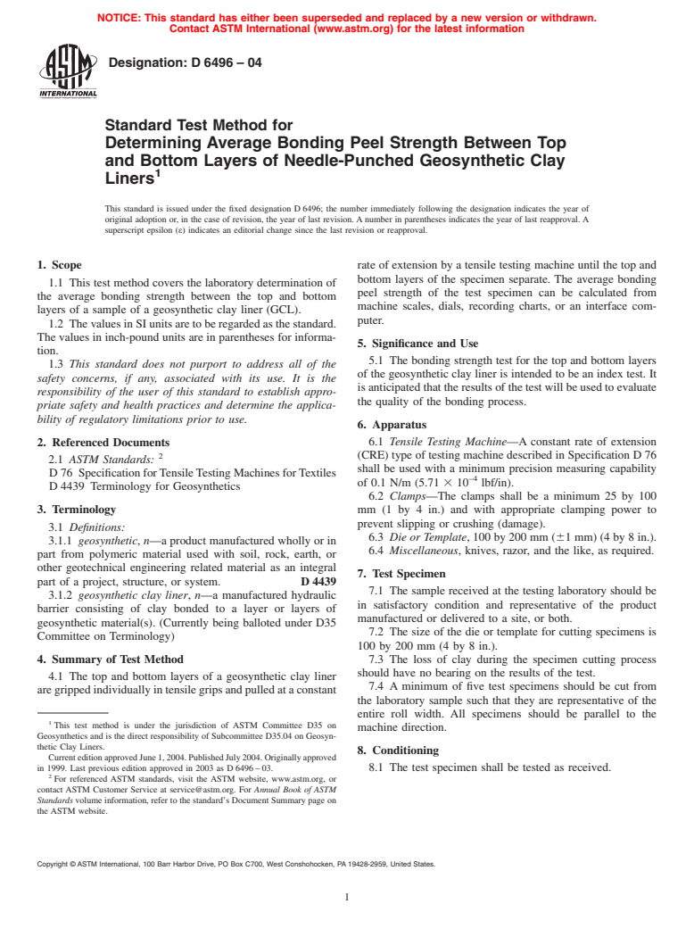 ASTM D6496-04 - Standard Test Method for Determining Average Bonding Peel Strength Between the Top and Bottom Layers of Needle-Punched Geosynthetic Clay Liners