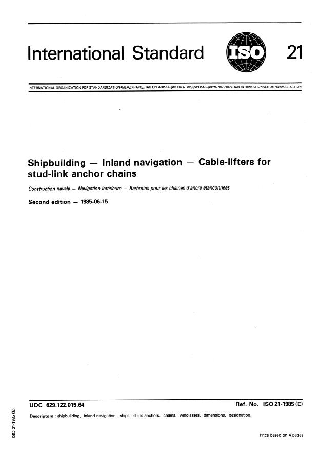 ISO 21:1985 - Shipbuilding -- Inland navigation -- Cable-lifters for stud-link anchor chains