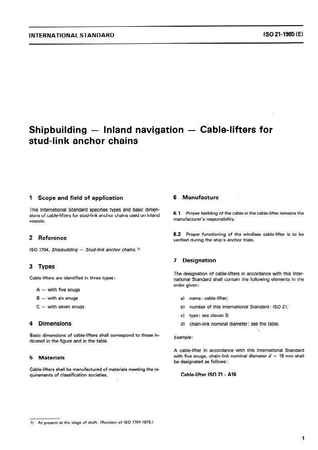 ISO 21:1985 - Shipbuilding -- Inland navigation -- Cable-lifters for stud-link anchor chains