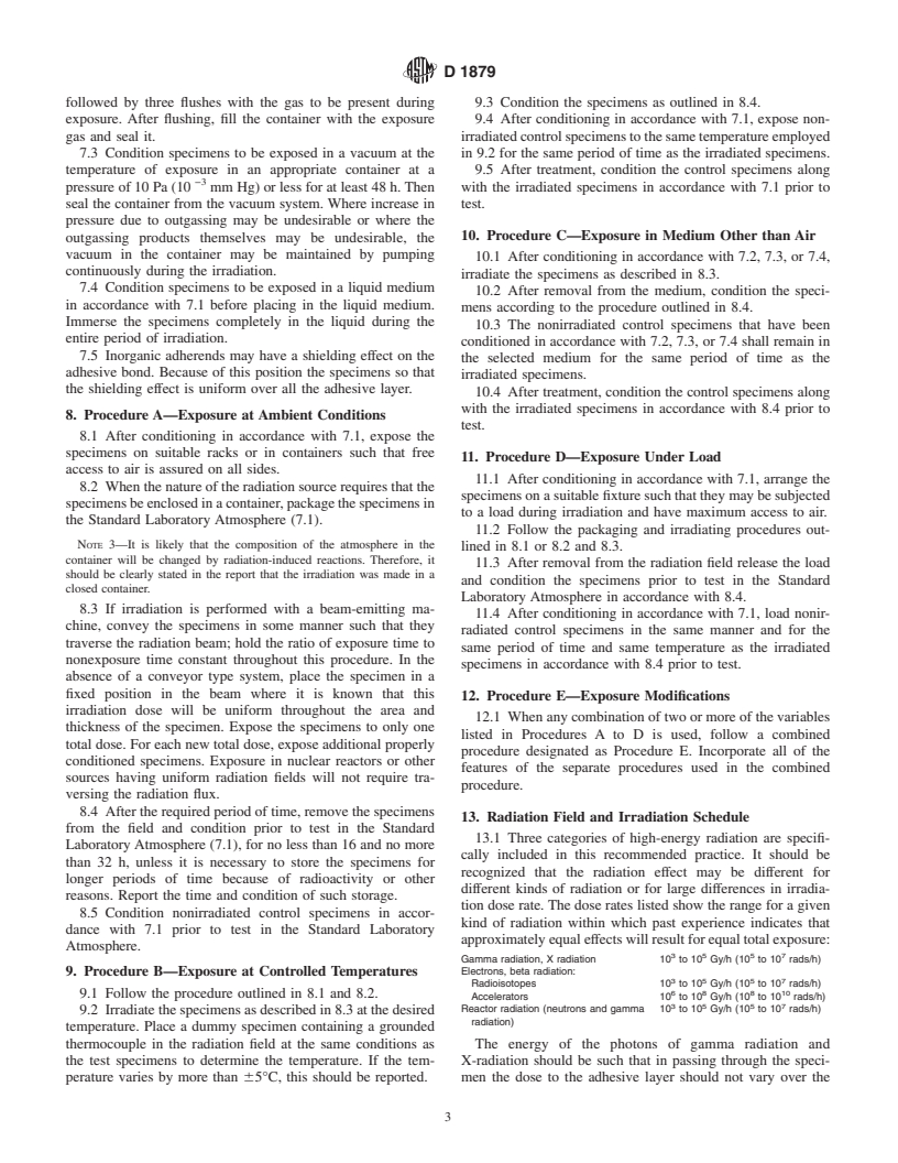 ASTM D1879-99 - Standard Practice for Exposure of Adhesive Specimens to High-Energy Radiation