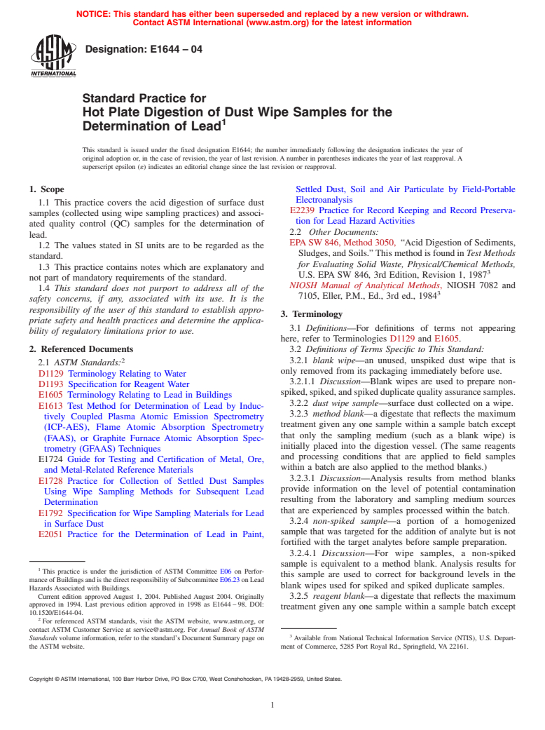 ASTM E1644-04 - Standard Practice for Hot Plate Digestion of Dust Wipe Samples for the Determination of Lead