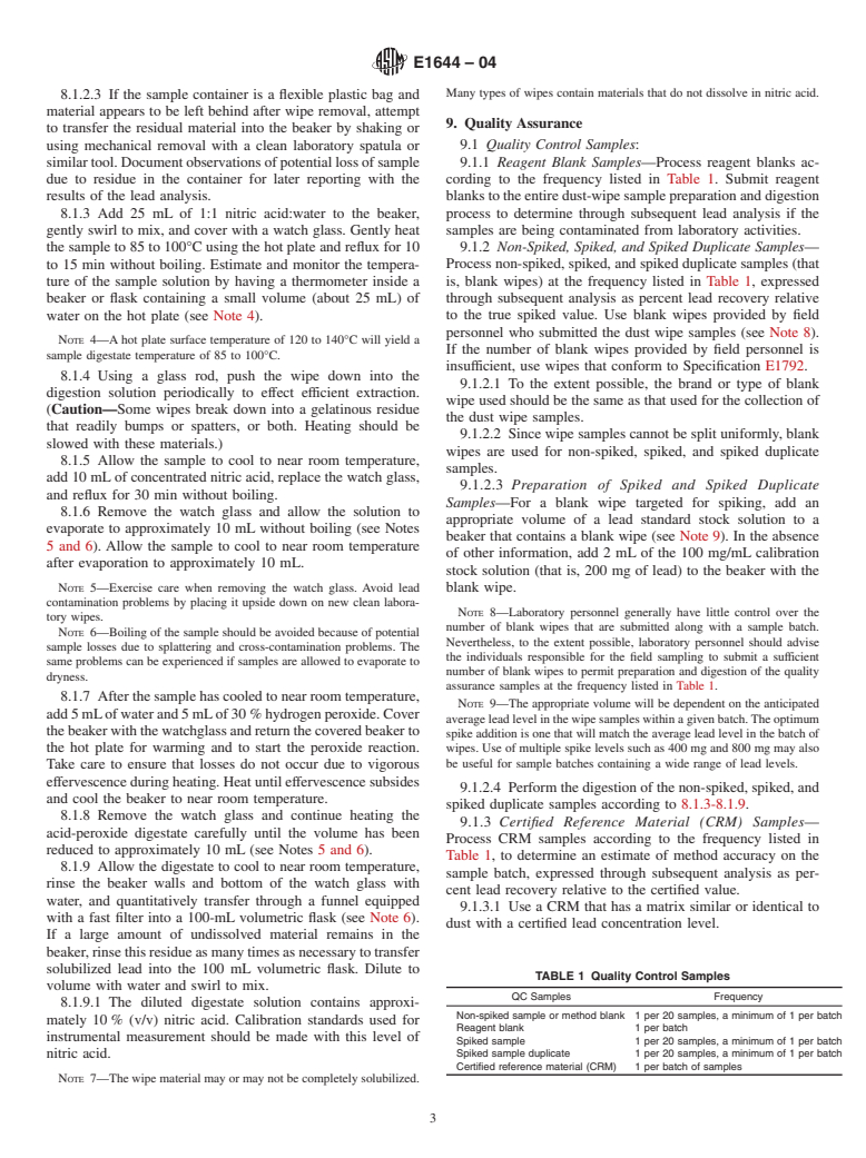 ASTM E1644-04 - Standard Practice for Hot Plate Digestion of Dust Wipe Samples for the Determination of Lead