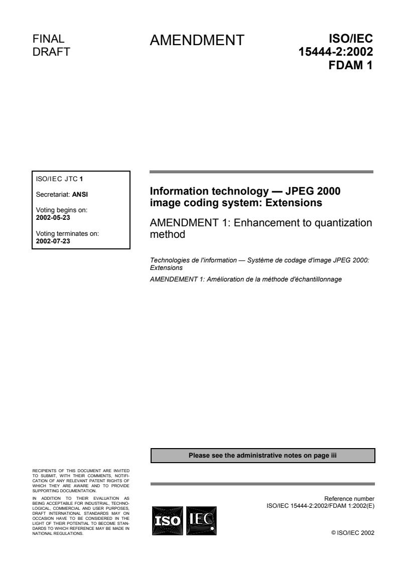 ISO/IEC 15444-2:2004/FDAmd 1 - Enhancement to quantization method